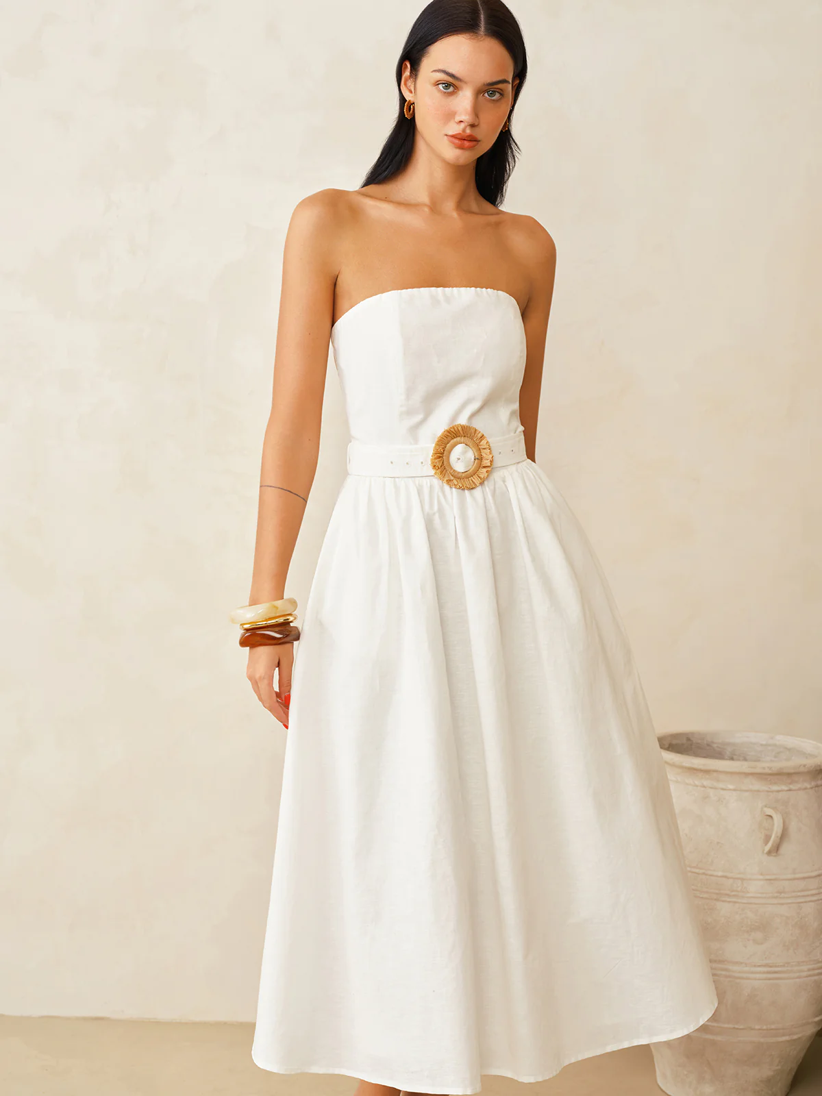 Strapless Cotton Linen Belted Maxi Dress - Image 3