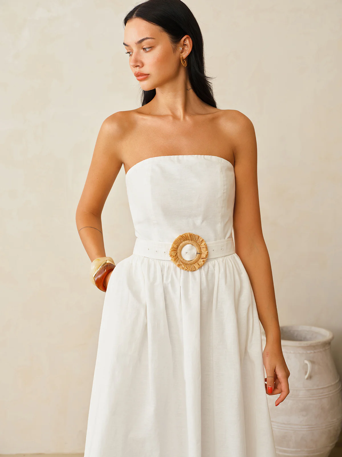 Strapless Cotton Linen Belted Maxi Dress - Image 5