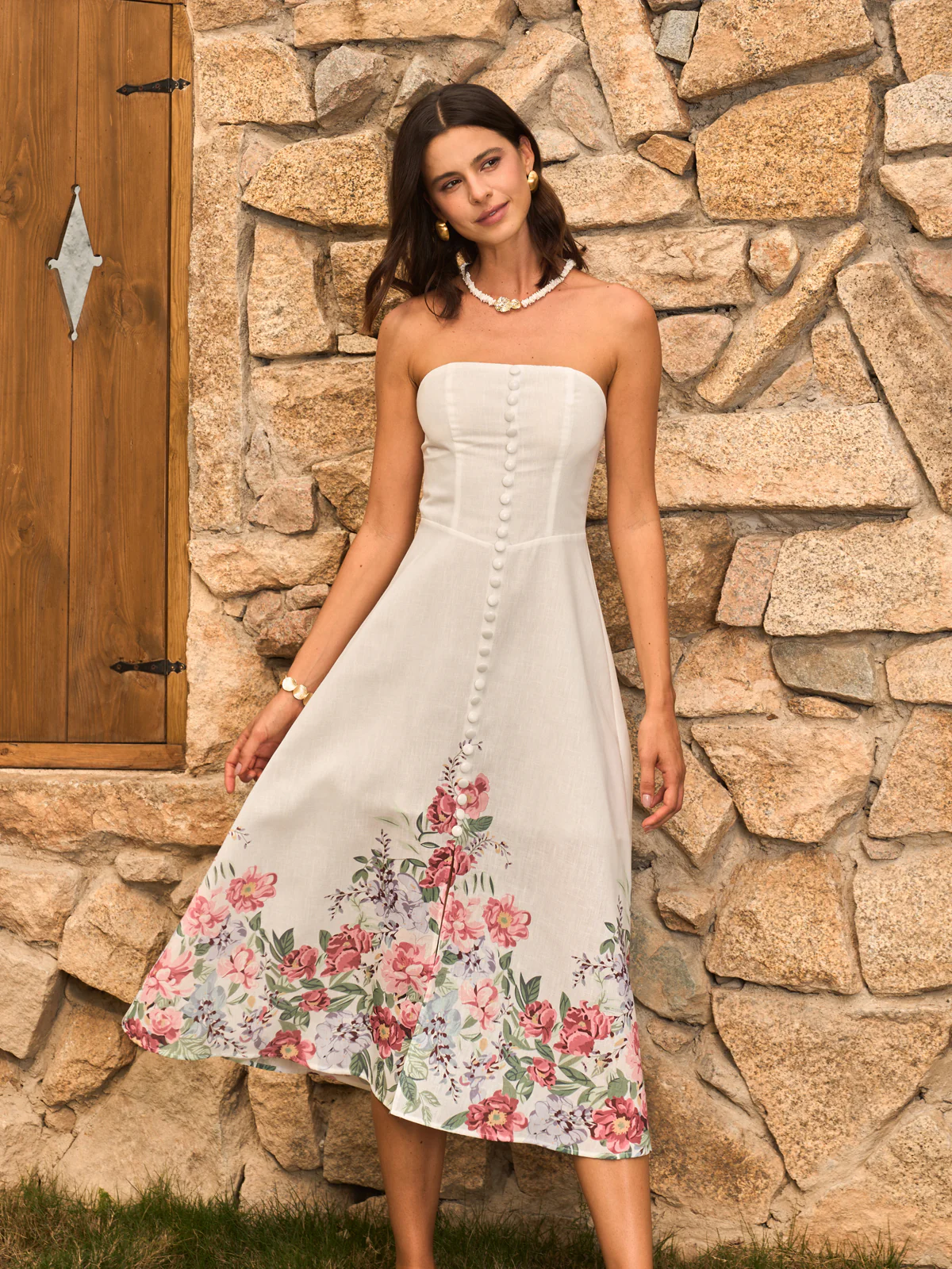 Strapless Floral Print Dress With Decor Buttons