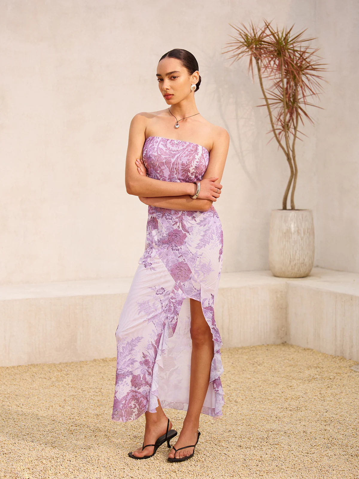 Strapless  Floral Print Split Dress - Image 4