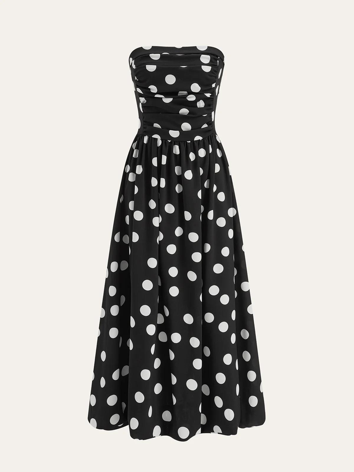Strapless Polka Dot Ruched Maxi Dress