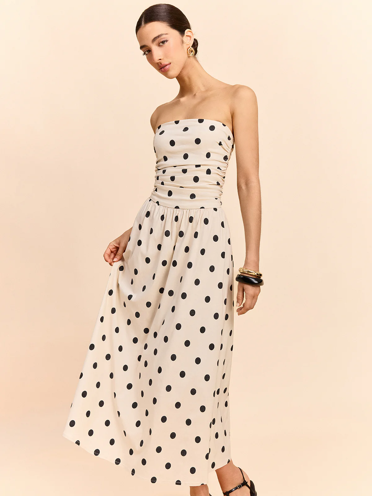 Strapless Polka Dot Ruched Midi Dress - Image 2
