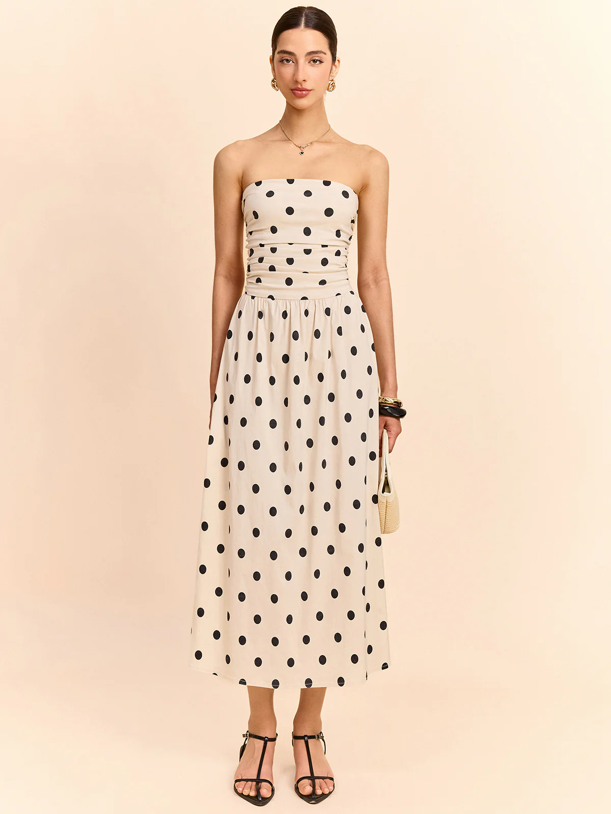Strapless Polka Dot Ruched Midi Dress - Image 3