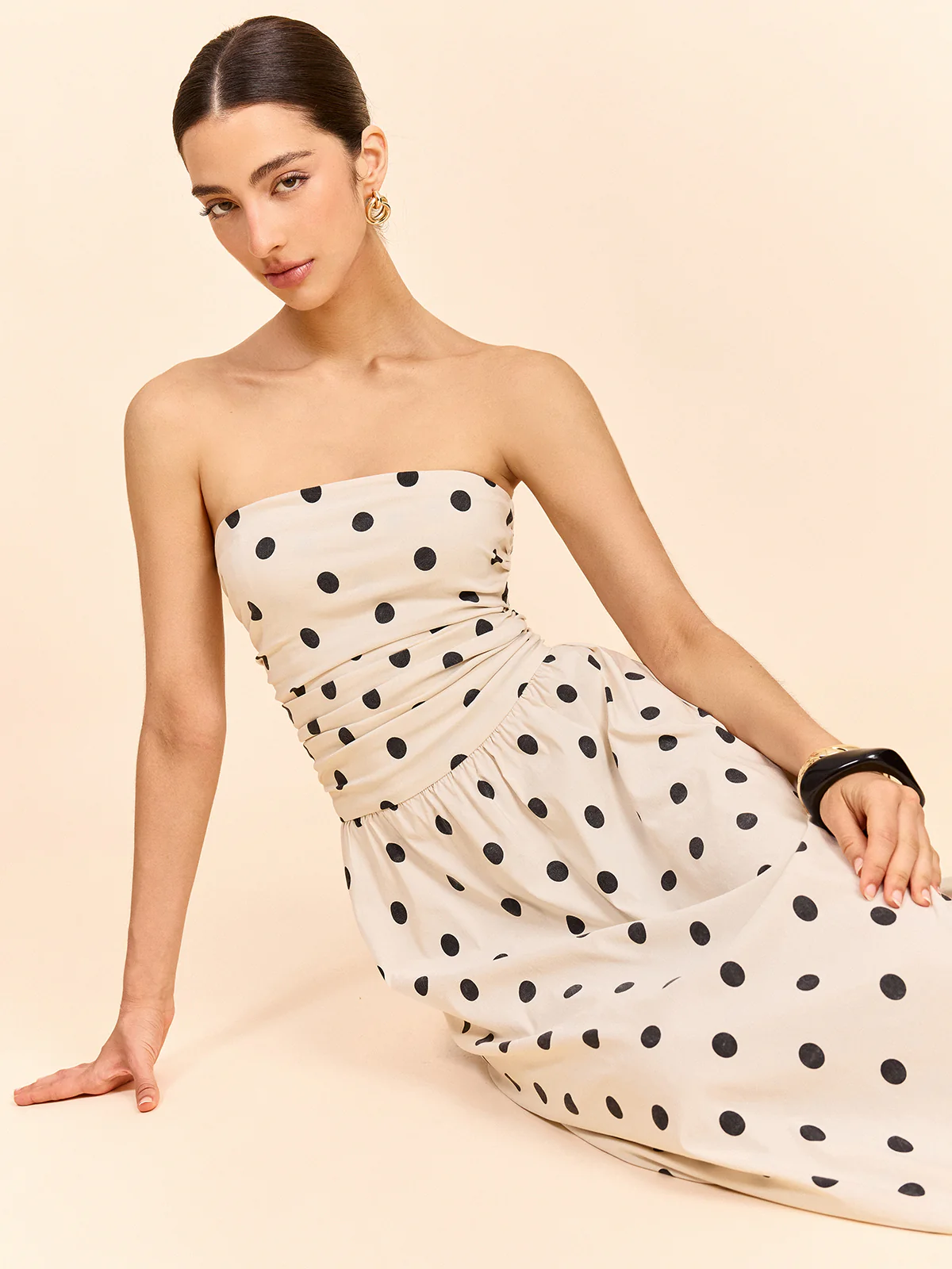 Strapless Polka Dot Ruched Midi Dress - Image 4