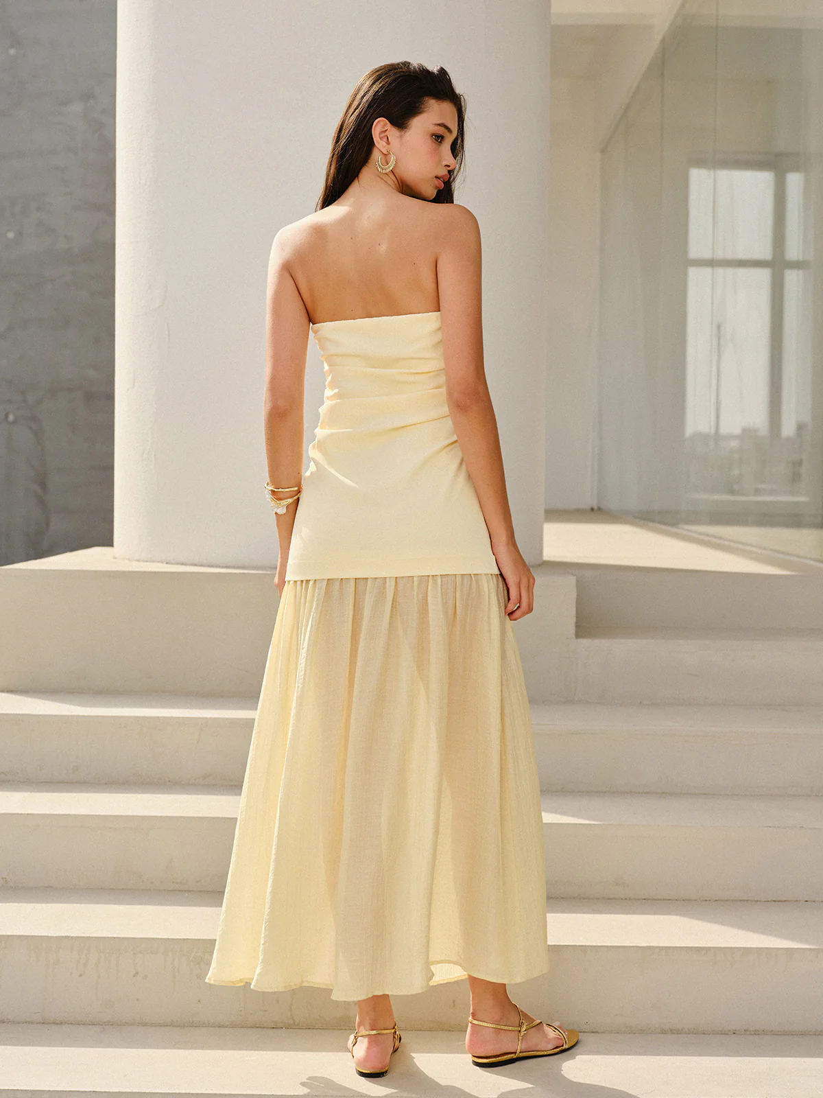 Semi-Sheer Strapless Ruched Maxi Dress - Image 5