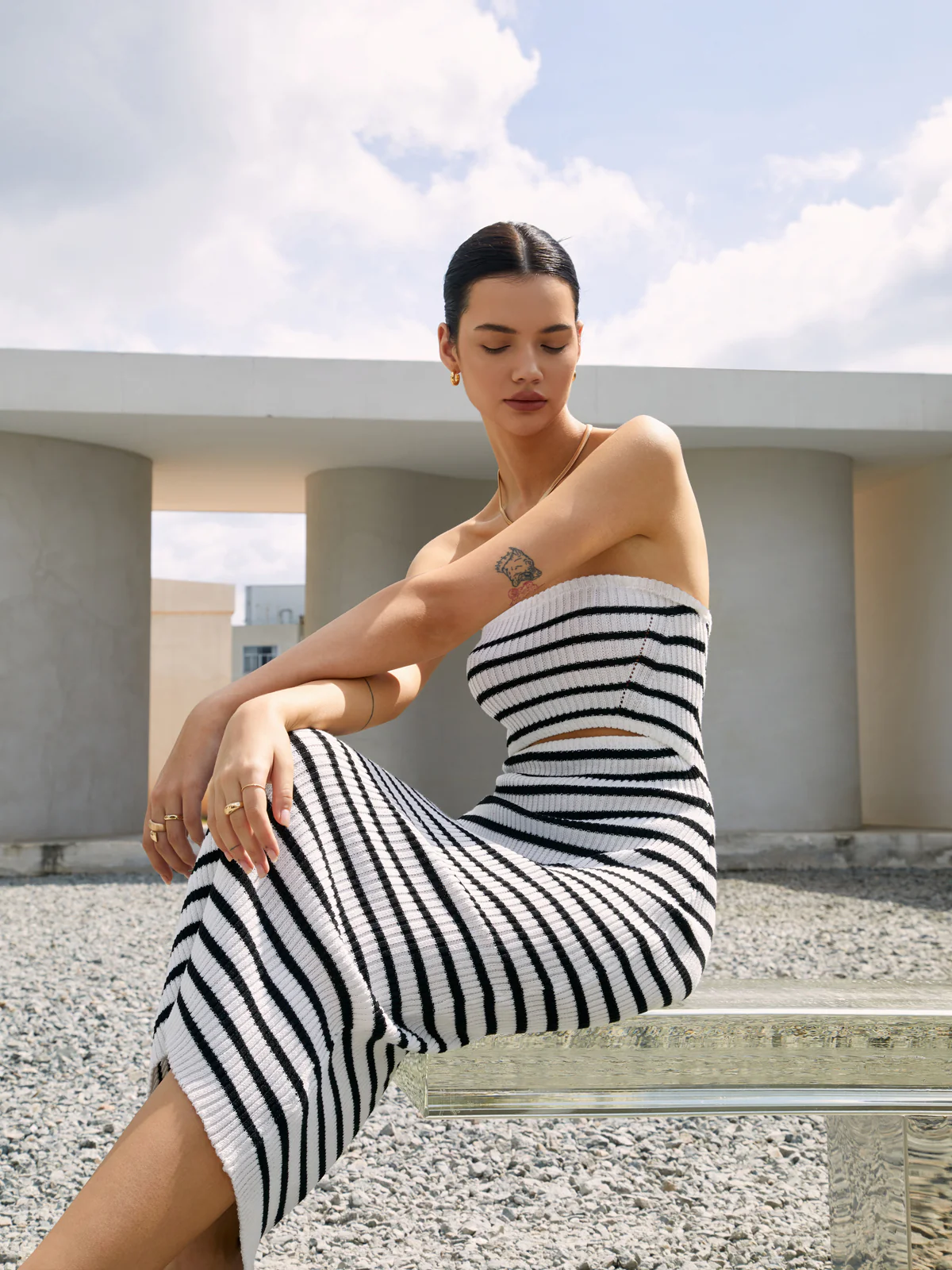 Stripe Cutout Rib Midi Tube Dress - Image 3