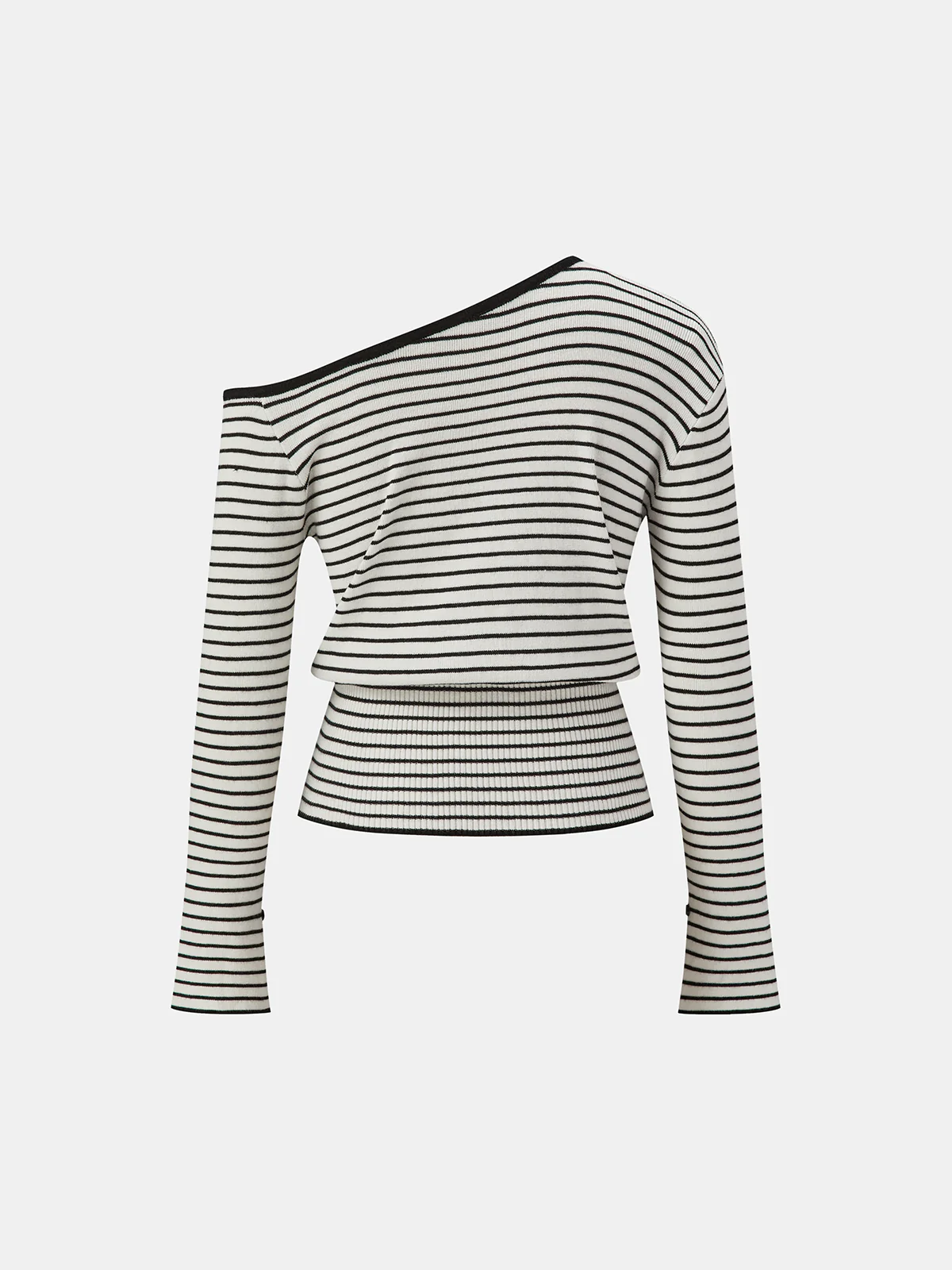 Striped Asymmetric Neck Slit Knit Top - Image 2