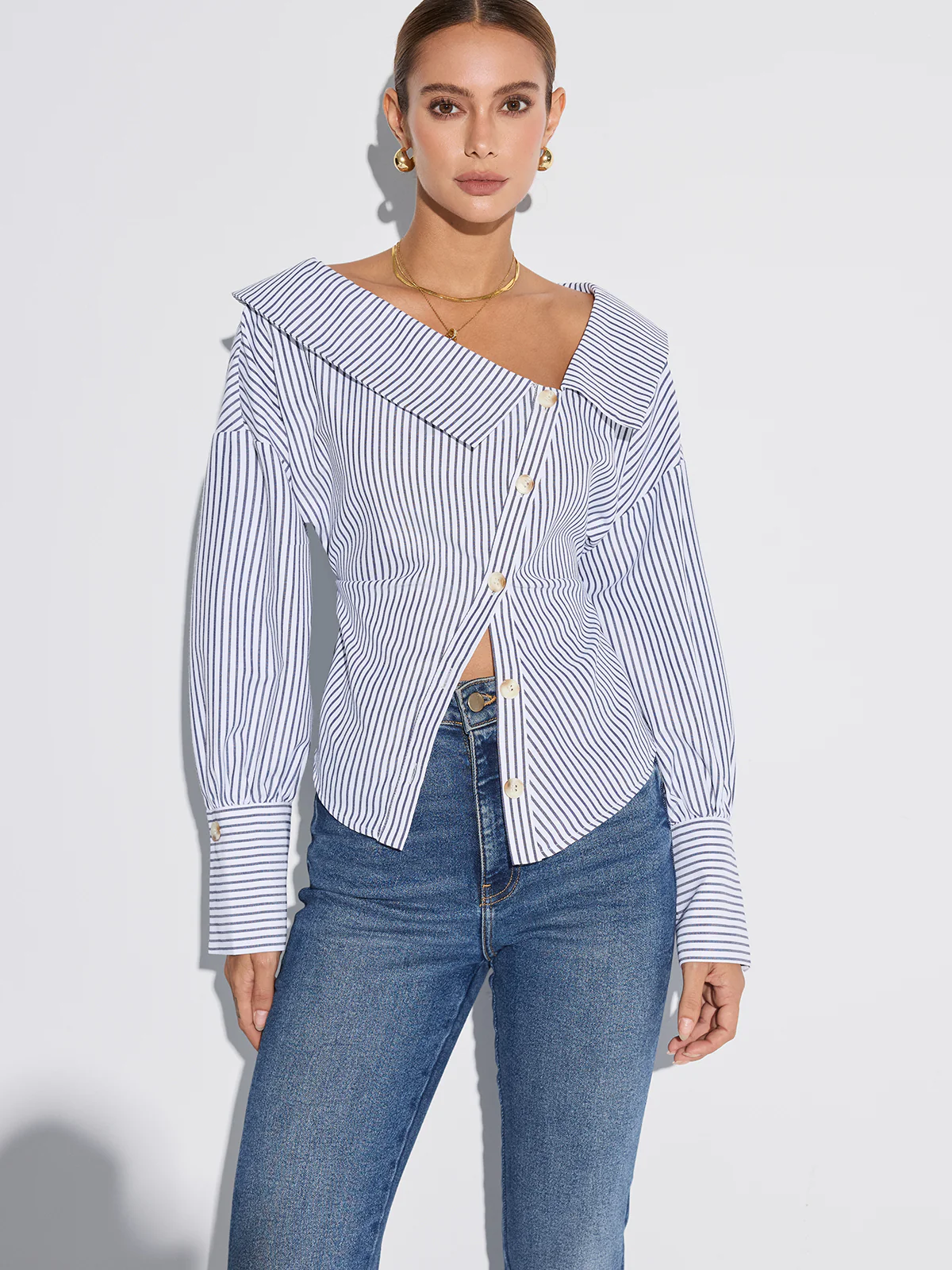 Striped Asymmetrical Placket Button Shirt - Image 4