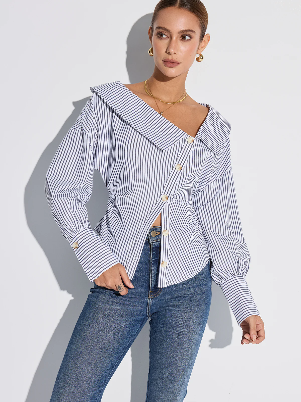 Striped Asymmetrical Placket Button Shirt - Image 5