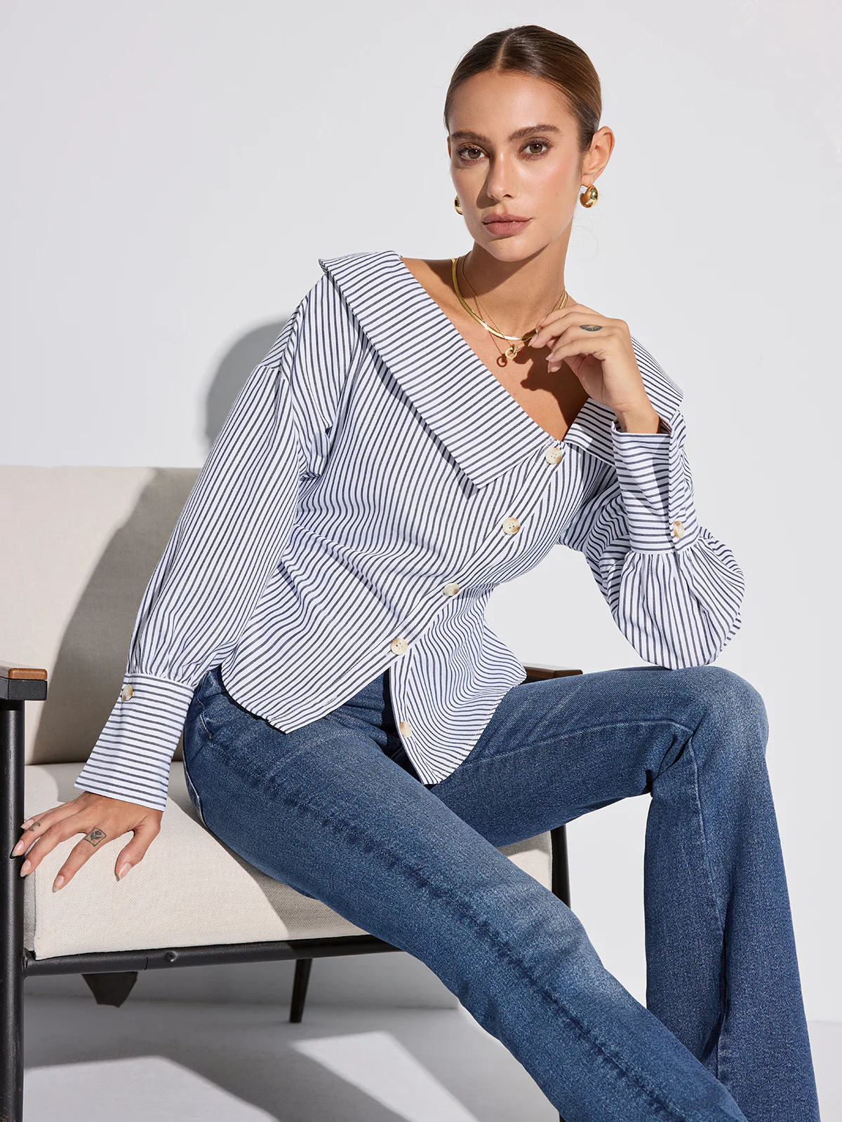 Striped Asymmetrical Placket Button Shirt - Image 7