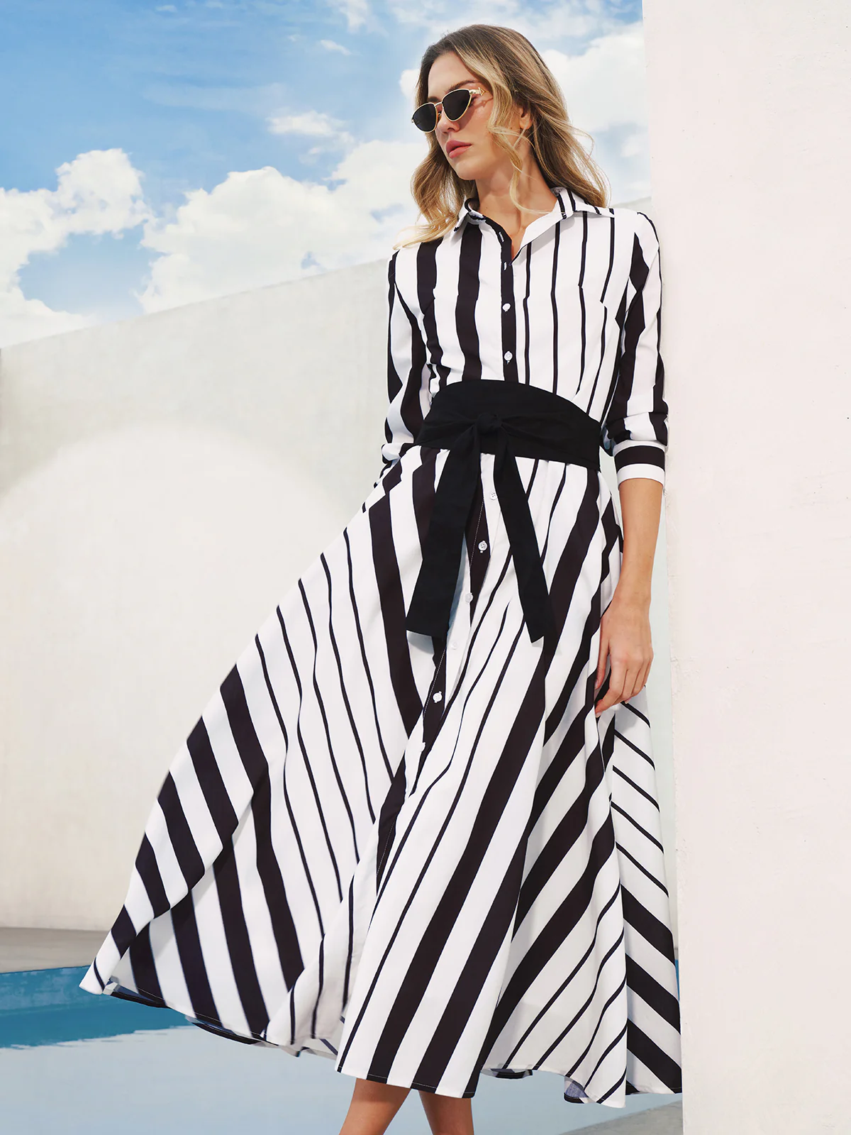 Striped Belted Shirt Midi Dress