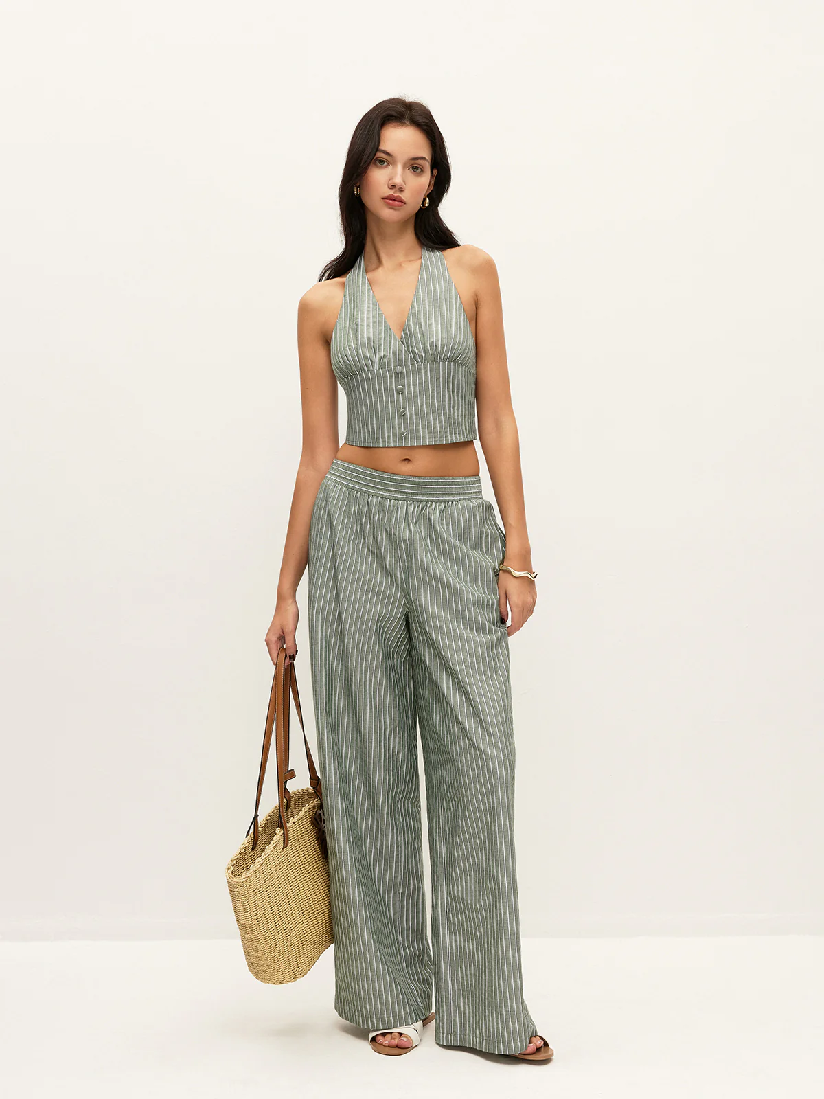 Striped Button-Detail Halter Top With Pants Set - Image 3