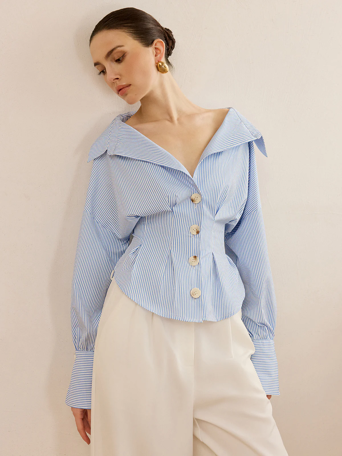 Striped Collared Shirt with Waist-Cinching Design - Image 5