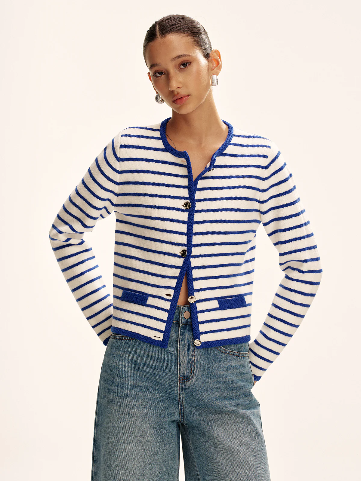 Striped Contrast Trim Knit Cardigan - Image 2