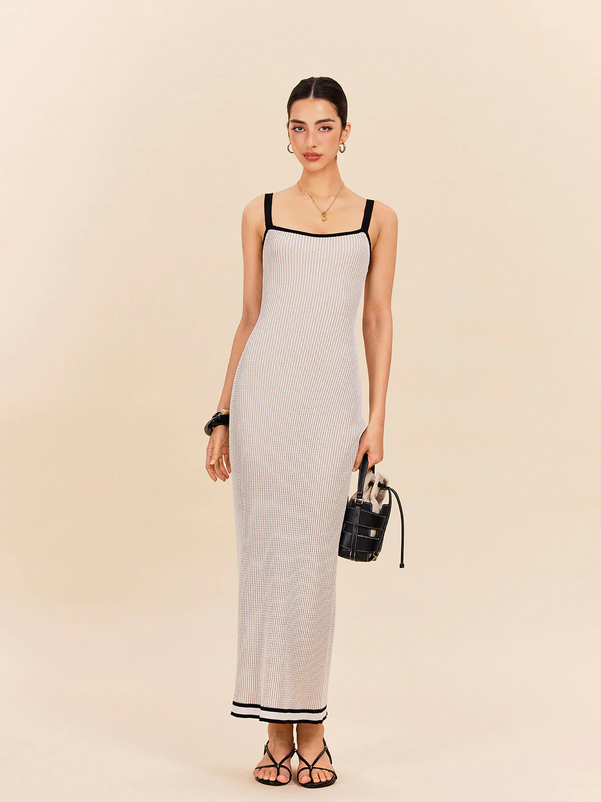 Striped Contrast Trim Spaghetti Strap Sweater Dress
