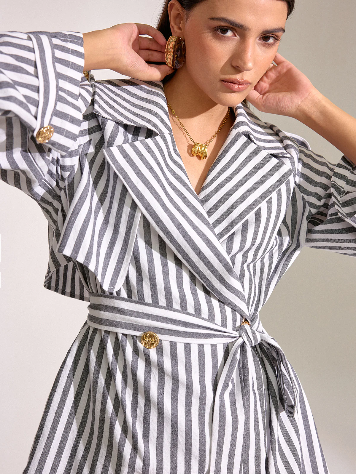 Striped Cotton Belted Trench Coat - Image 6