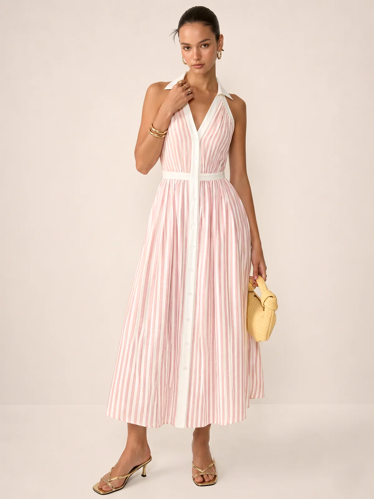 Striped Cotton Blend Collared Halter Midi Dress - Image 6