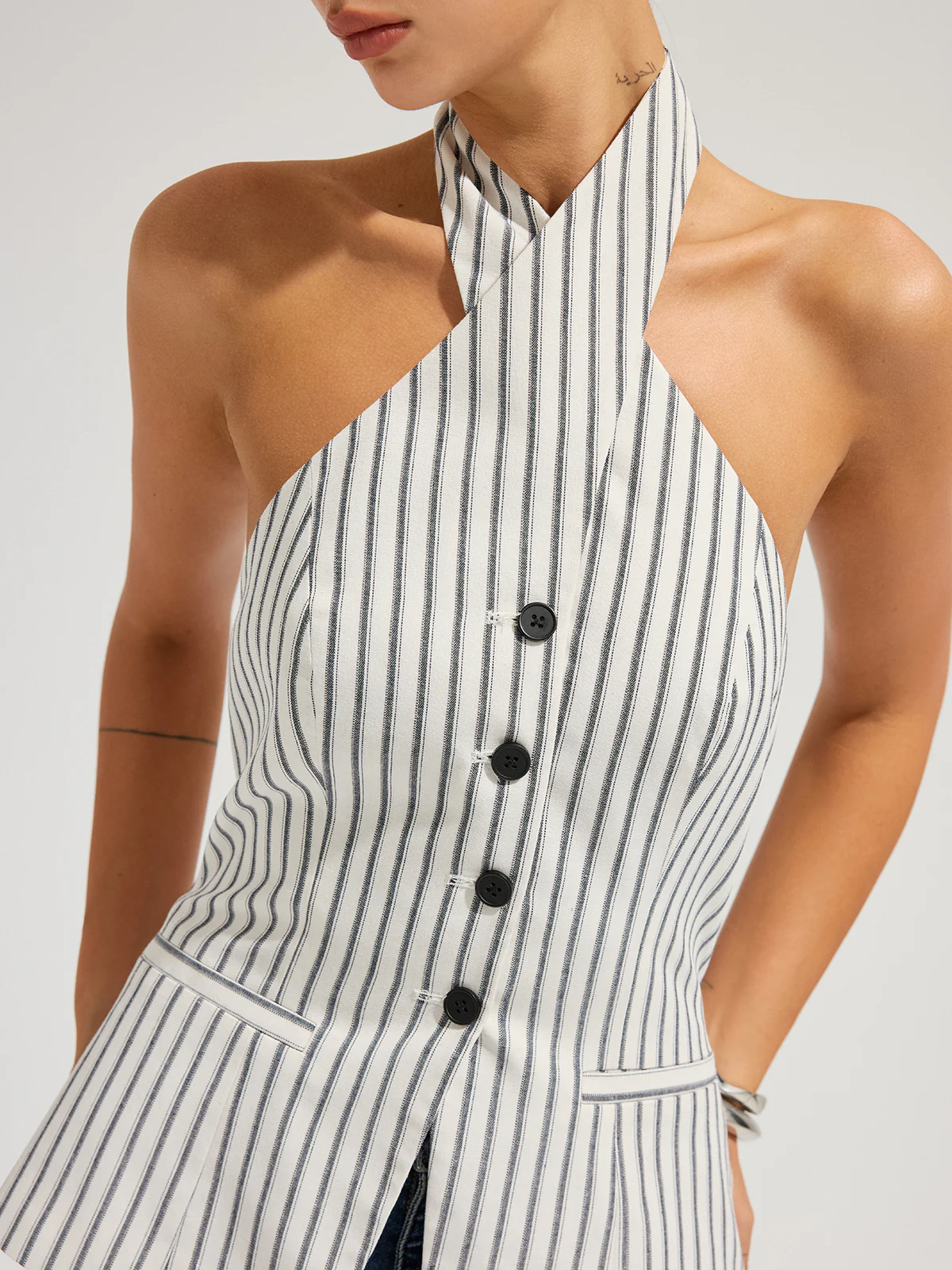 Striped Cotton Buttoned Halter Vest - Image 2