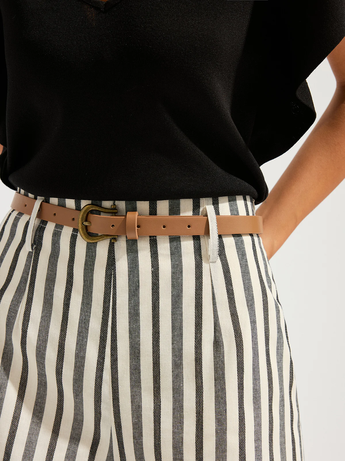 Striped Cotton Linen Belted Shorts - Image 5