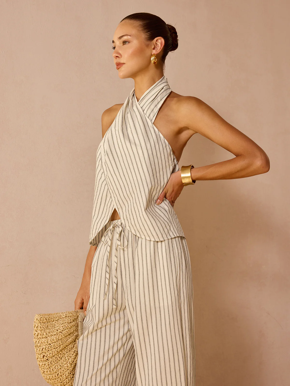 Striped Cotton Linen Halter Top & Pant Set - Image 2