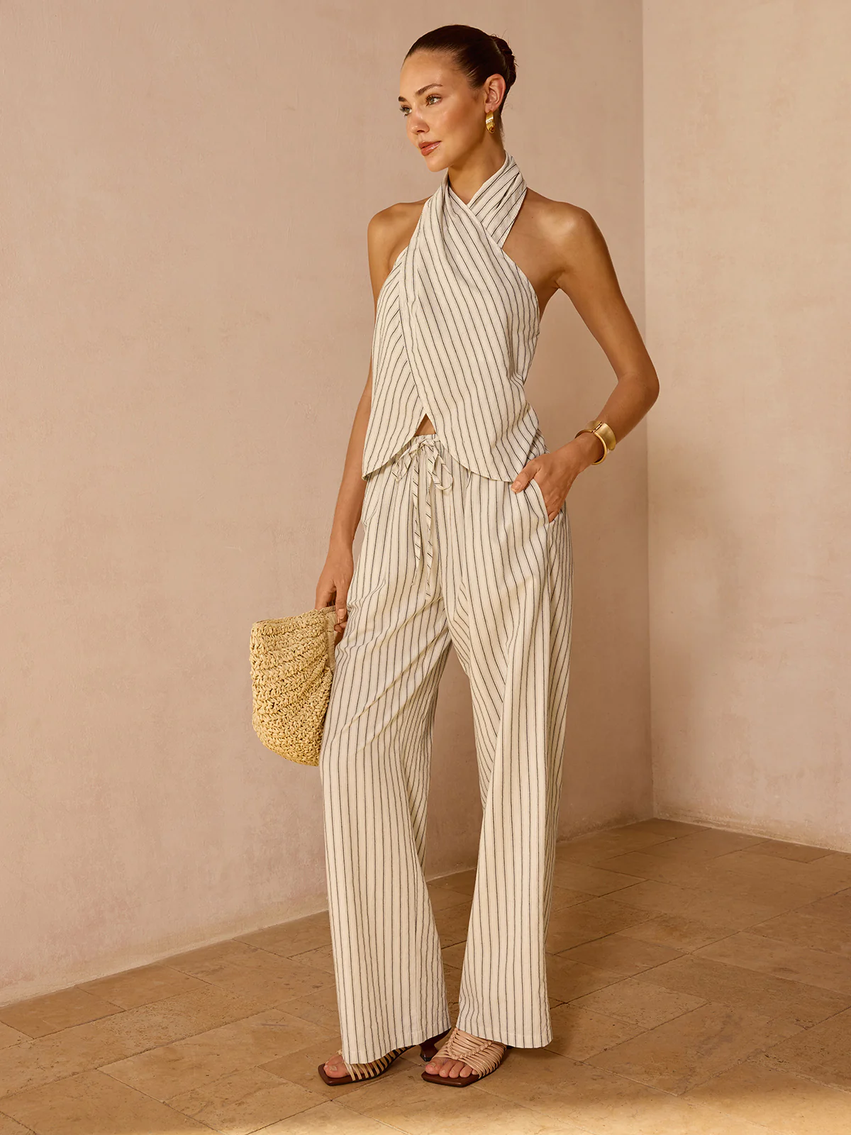 Striped Cotton Linen Halter Top & Pant Set - Image 3