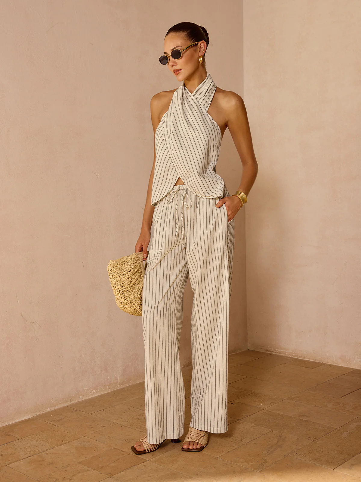 Striped Cotton Linen Halter Top & Pant Set - Image 4