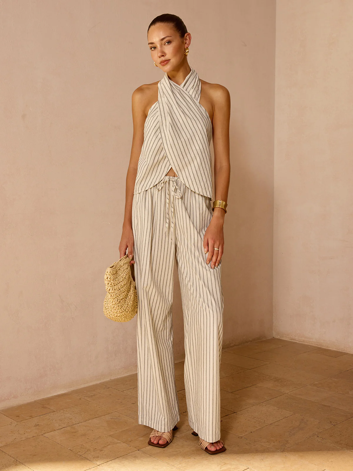 Striped Cotton Linen Halter Top & Pant Set - Image 5