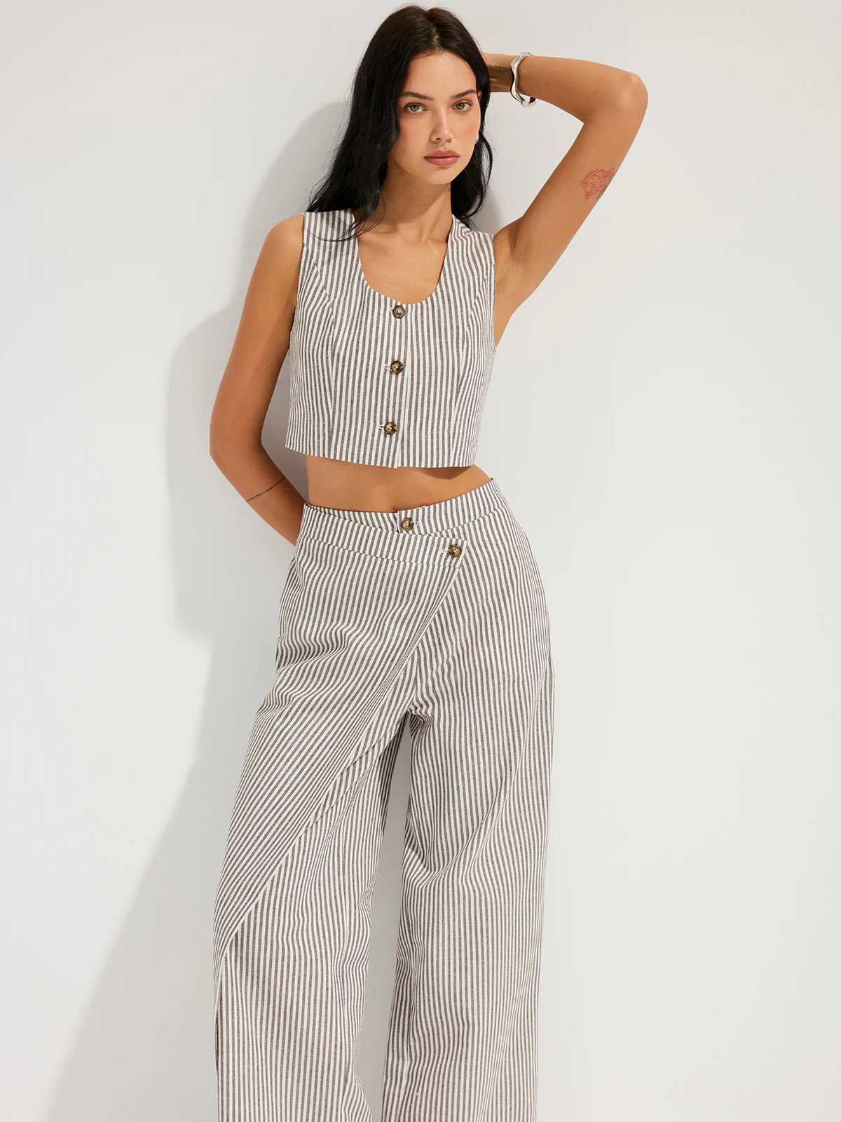 Striped Cotton Linen Vest & Asymmetrical Pants Set - Image 2