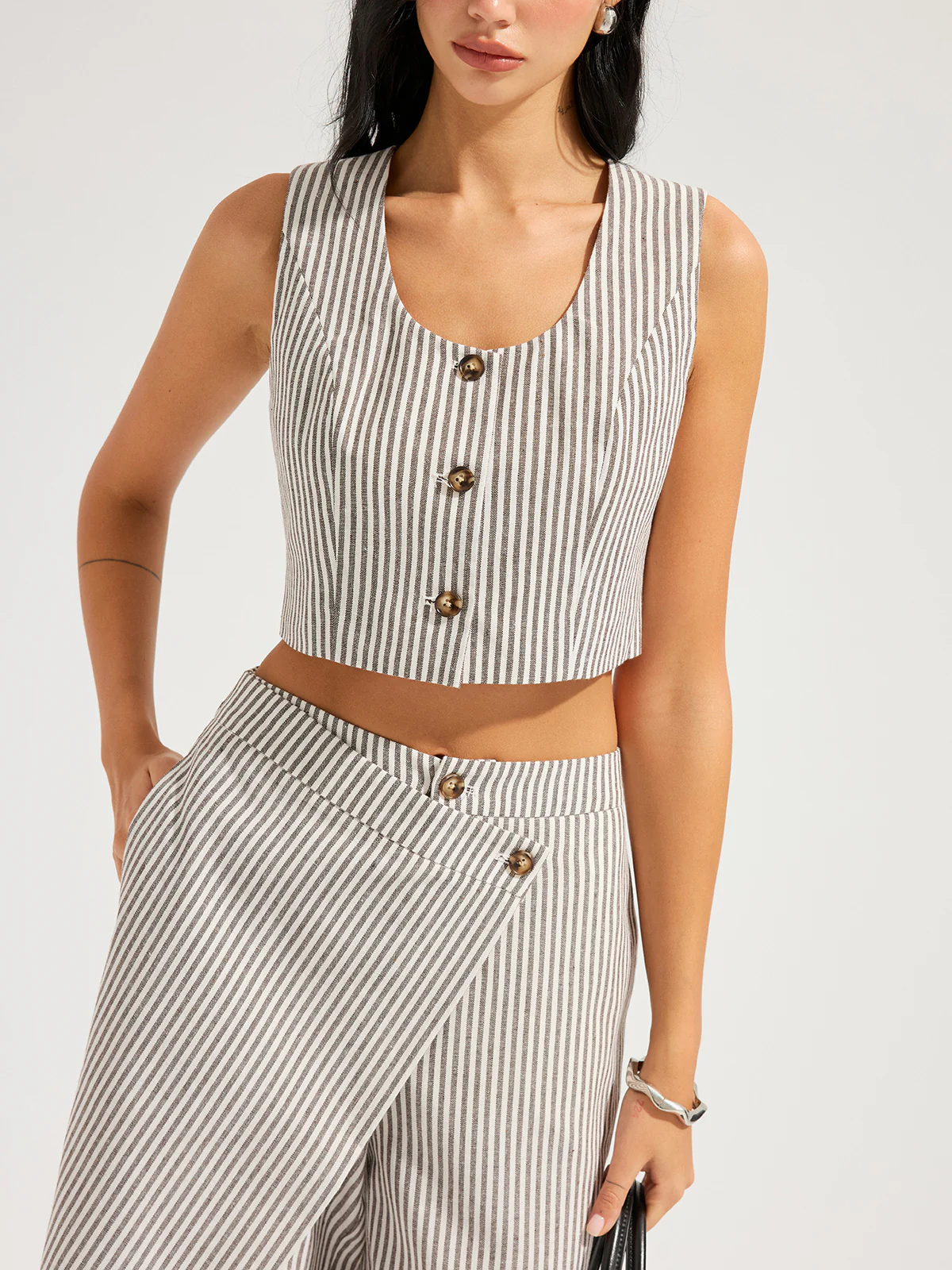 Striped Cotton Linen Vest & Asymmetrical Pants Set - Image 6