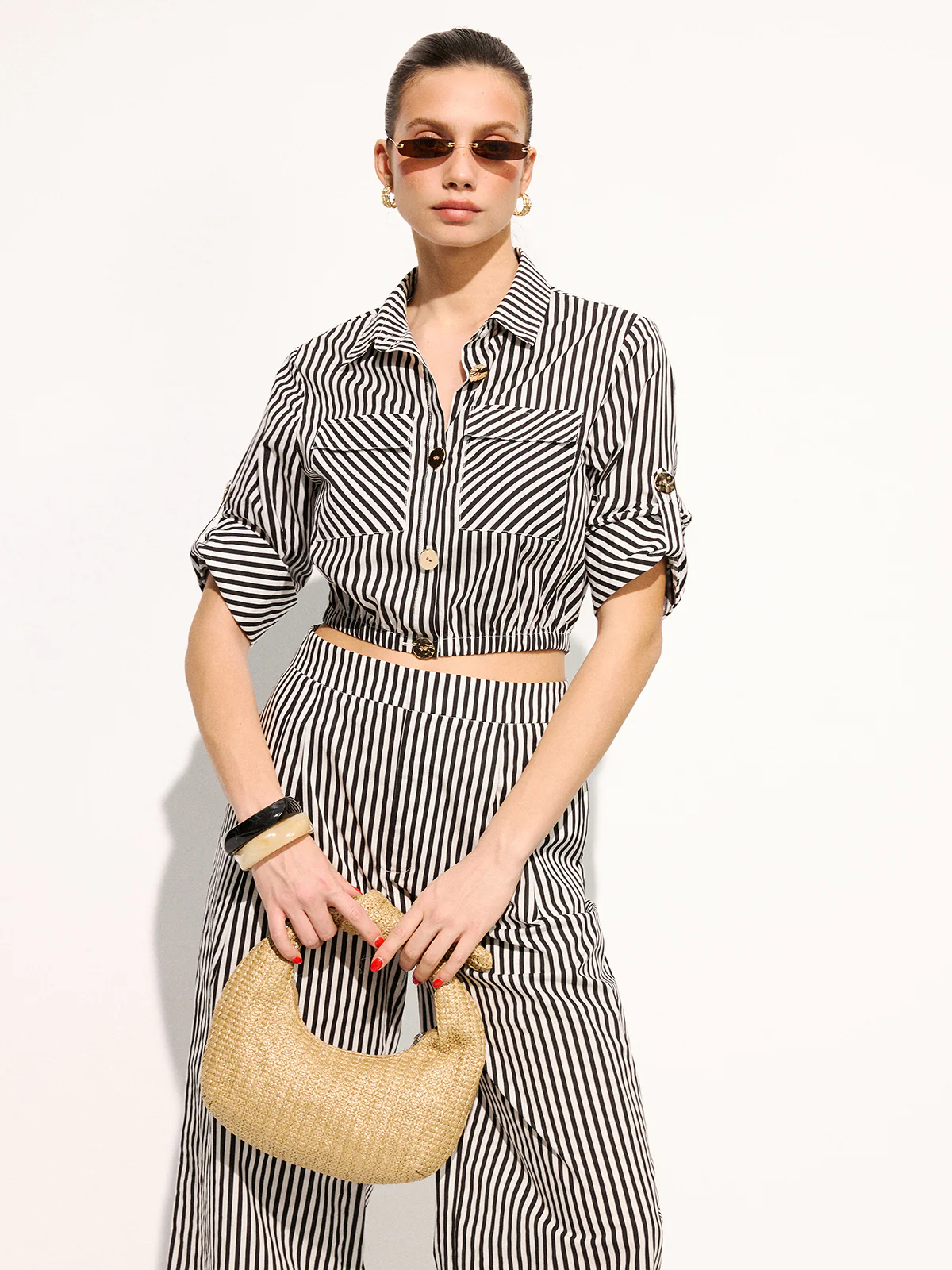 Striped Cropped Shirt & Wide Leg Pants Set