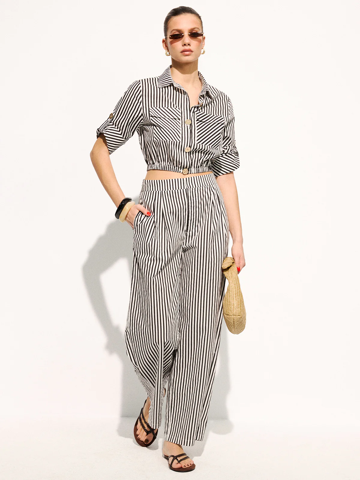 Striped Cropped Shirt & Wide Leg Pants Set - Image 2