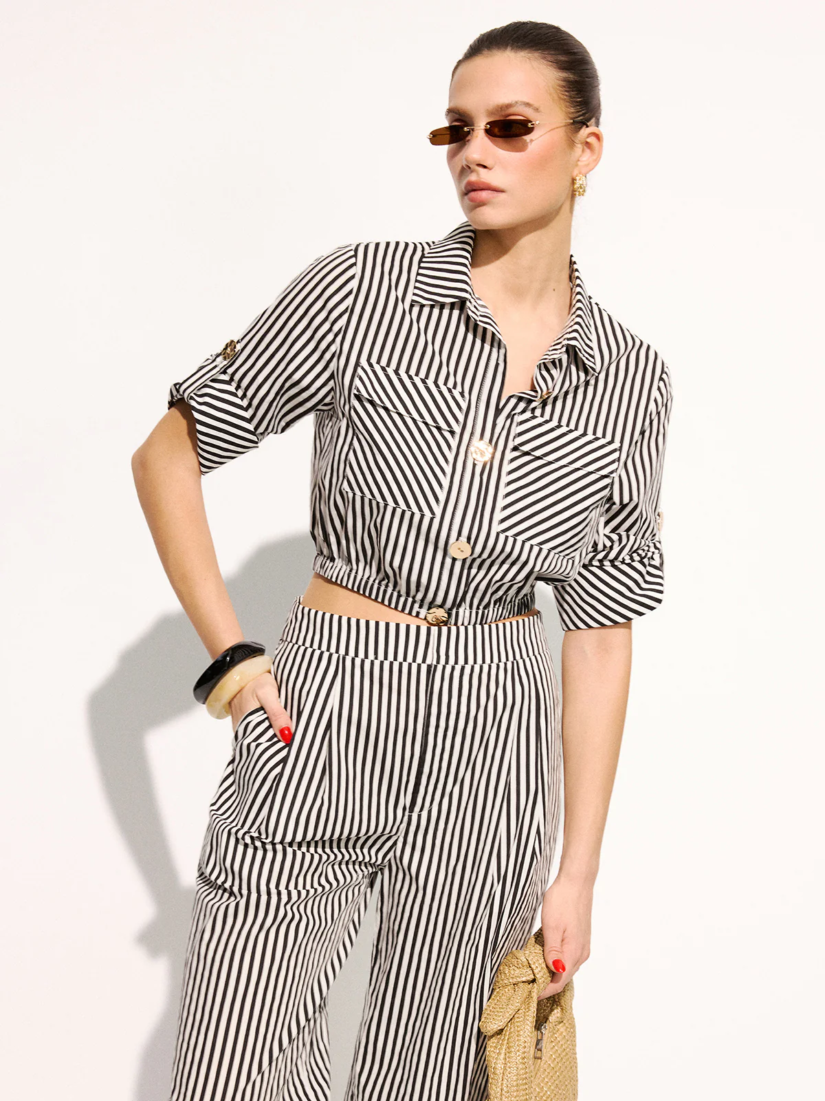 Striped Cropped Shirt & Wide Leg Pants Set - Image 3