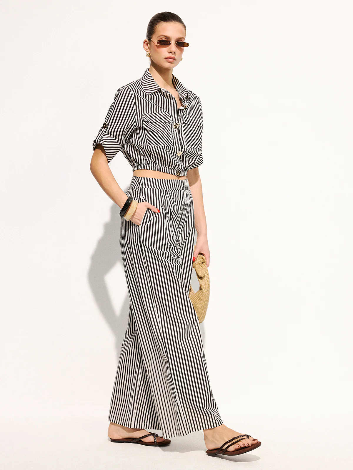 Striped Cropped Shirt & Wide Leg Pants Set - Image 5