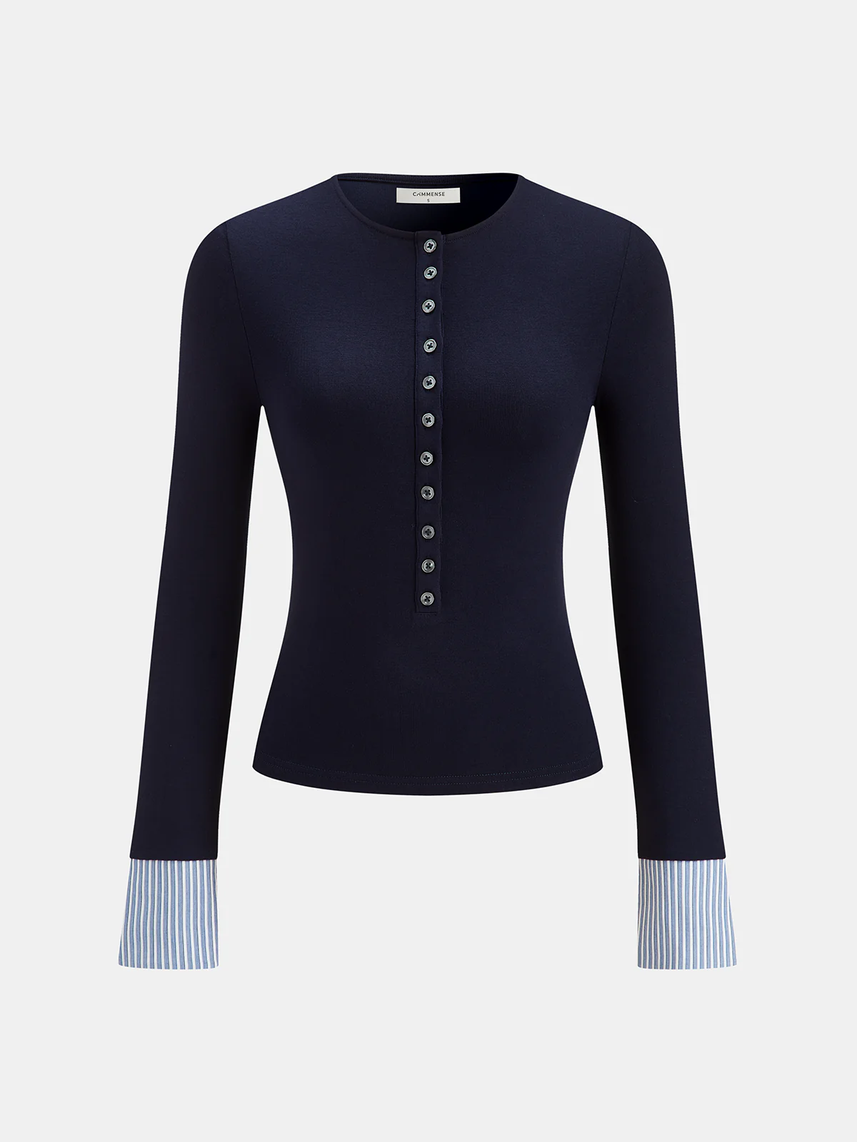Striped Cuff Henley Neck Long-Sleeve Top