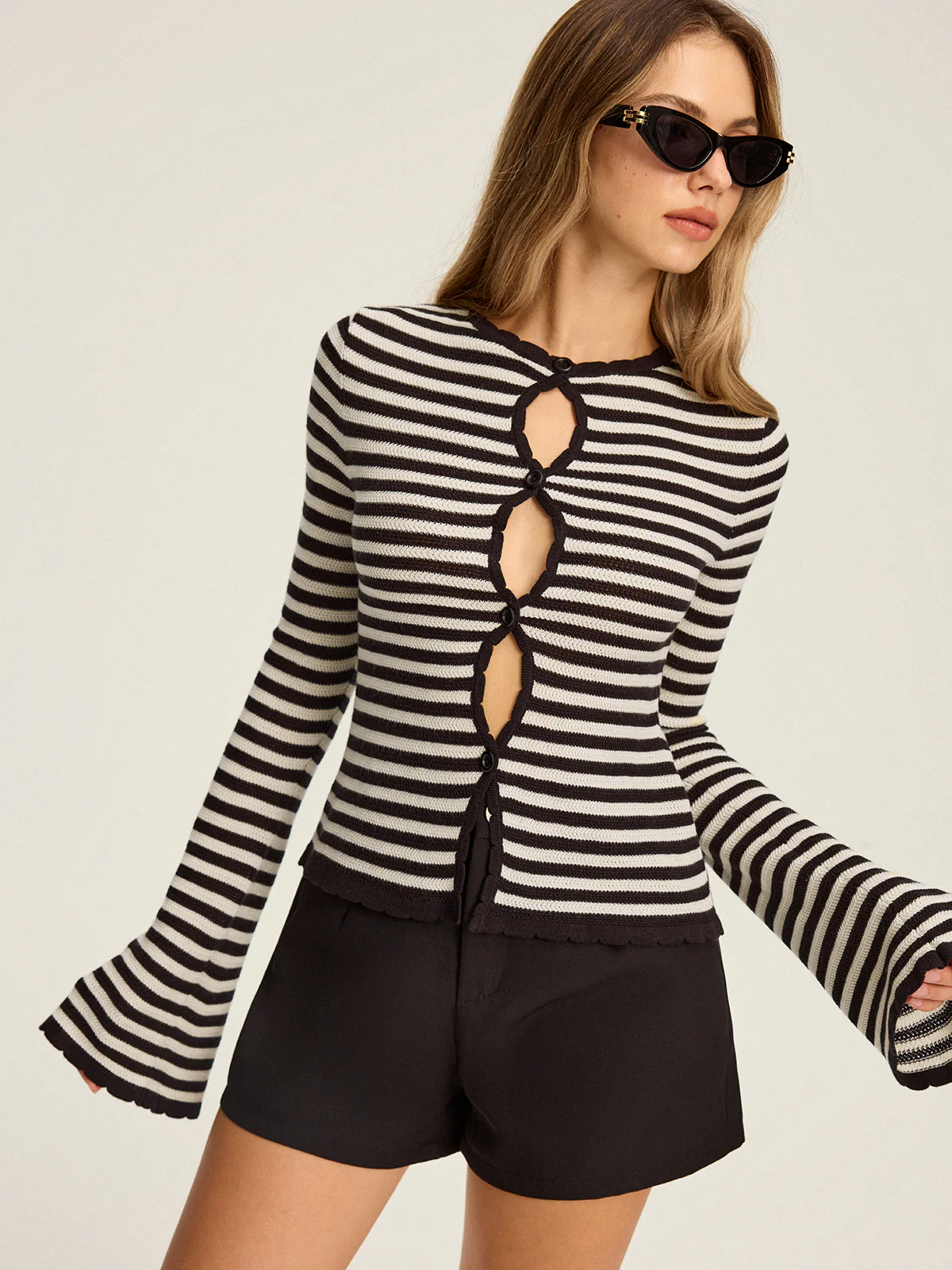 Striped Cut-Out Flare Sleeve Knit Top - Image 3