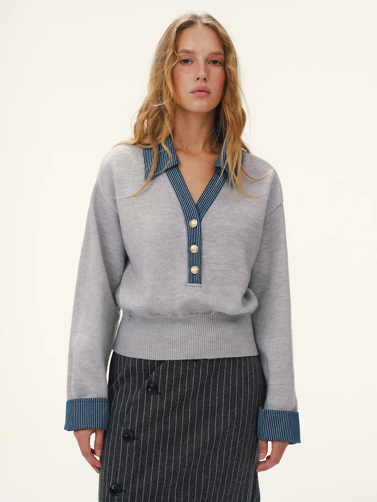 Striped Denim Panel Polo Sweater