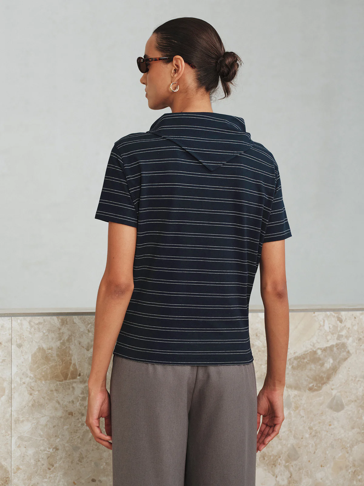 Striped Detachable Scarf Collar T-Shirt - Image 6