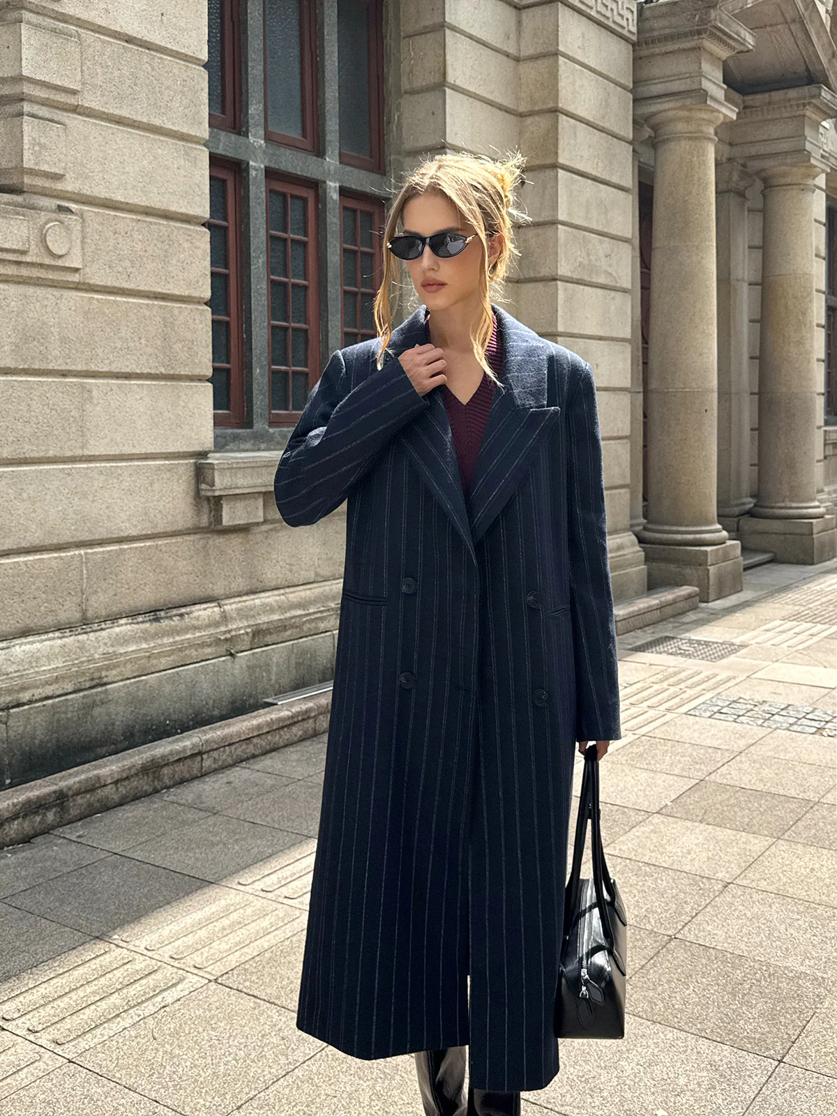 Striped Double-Breasted Long Tweed Coat - Image 3