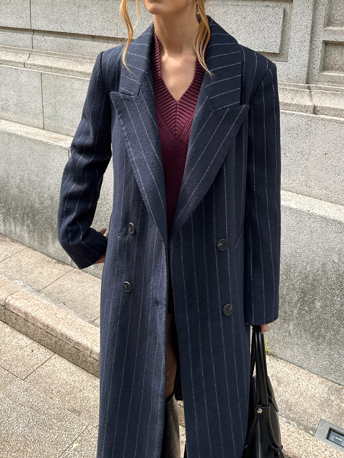 Striped Double-Breasted Long Tweed Coat - Image 4