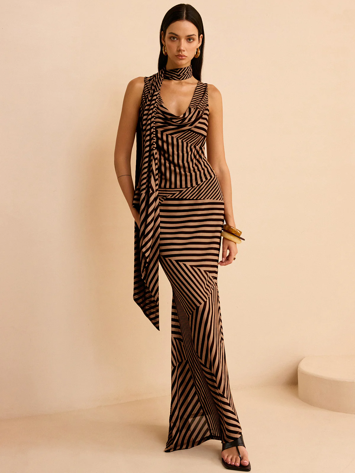 Striped Draped Neckline Skirt Set - Image 3