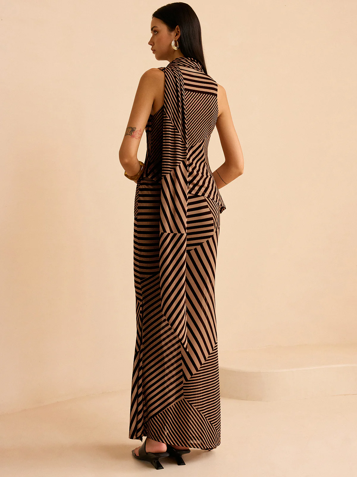 Striped Draped Neckline Skirt Set - Image 6