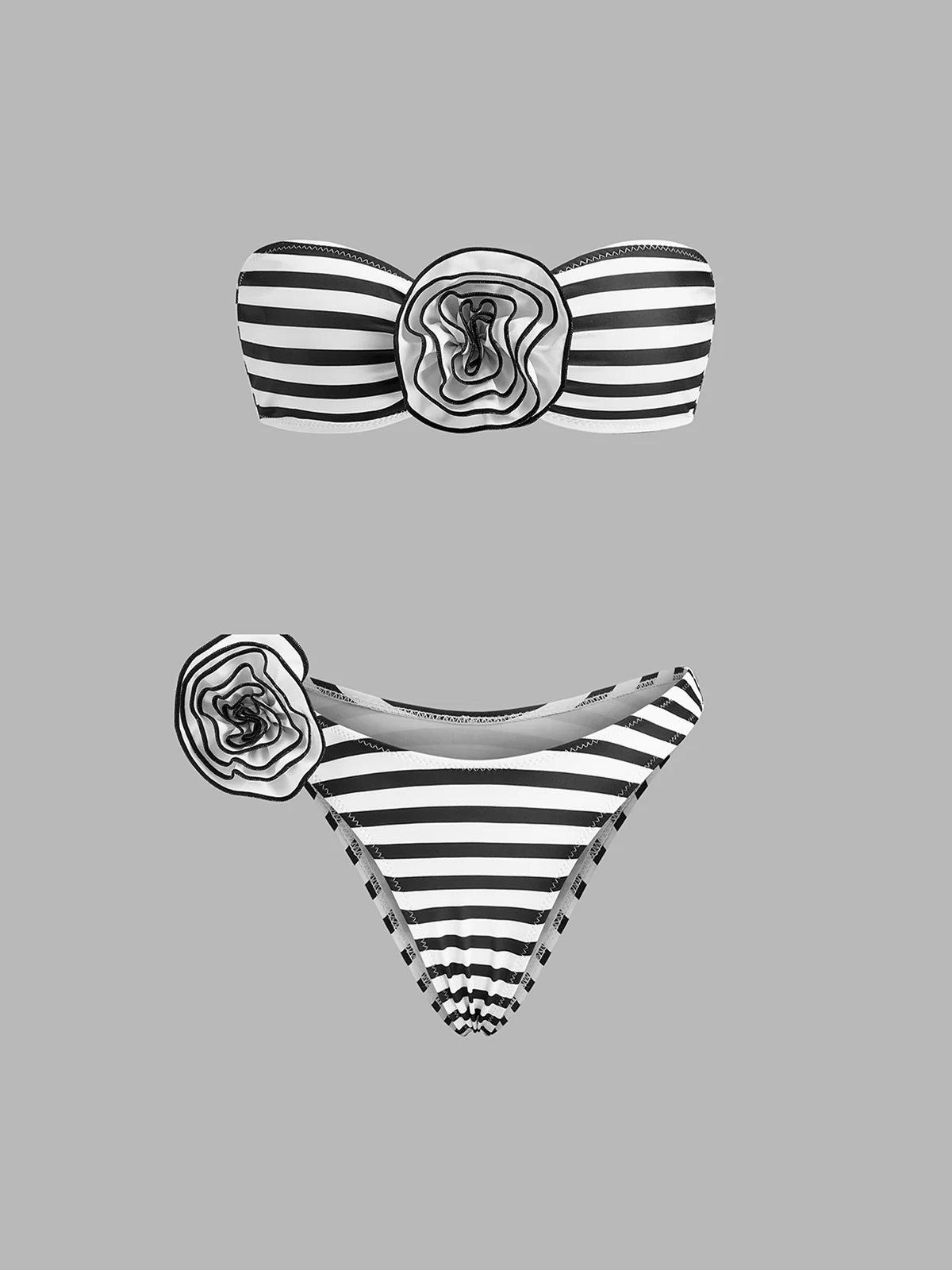 Striped Floral Detail Bandeau Bikini Set - Image 2