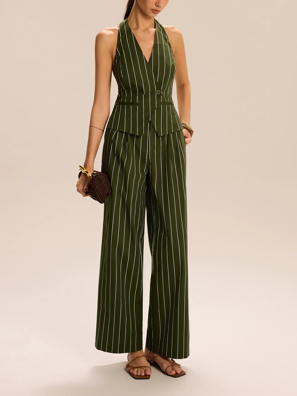 Striped Halter-Neck Vest and Wide-Leg Pants Set - Image 2