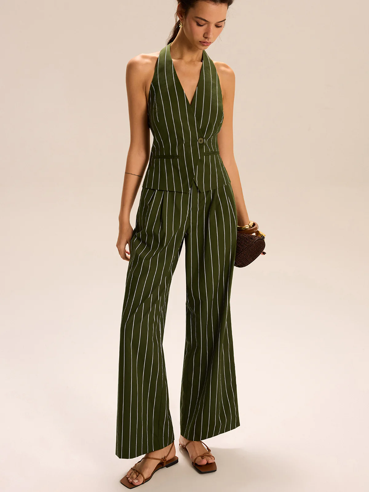Striped Halter-Neck Vest and Wide-Leg Pants Set - Image 3