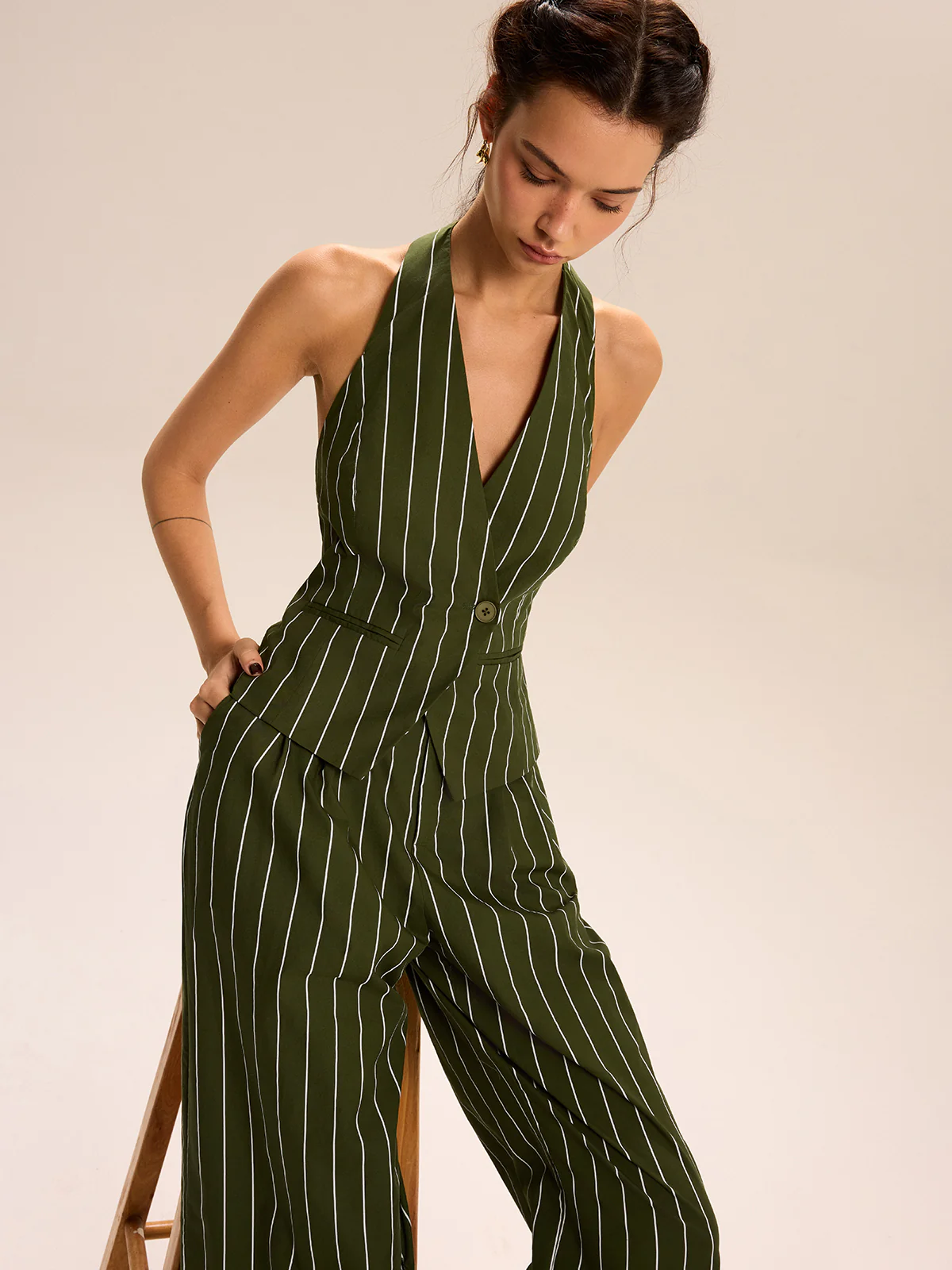 Striped Halter-Neck Vest and Wide-Leg Pants Set - Image 4
