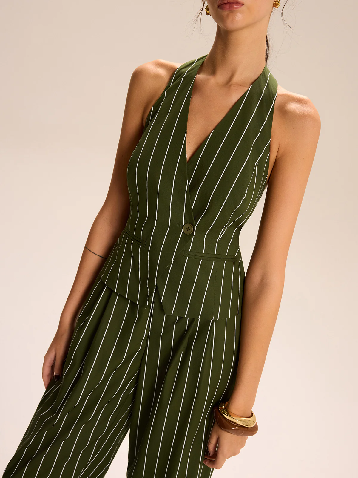 Striped Halter-Neck Vest and Wide-Leg Pants Set - Image 5
