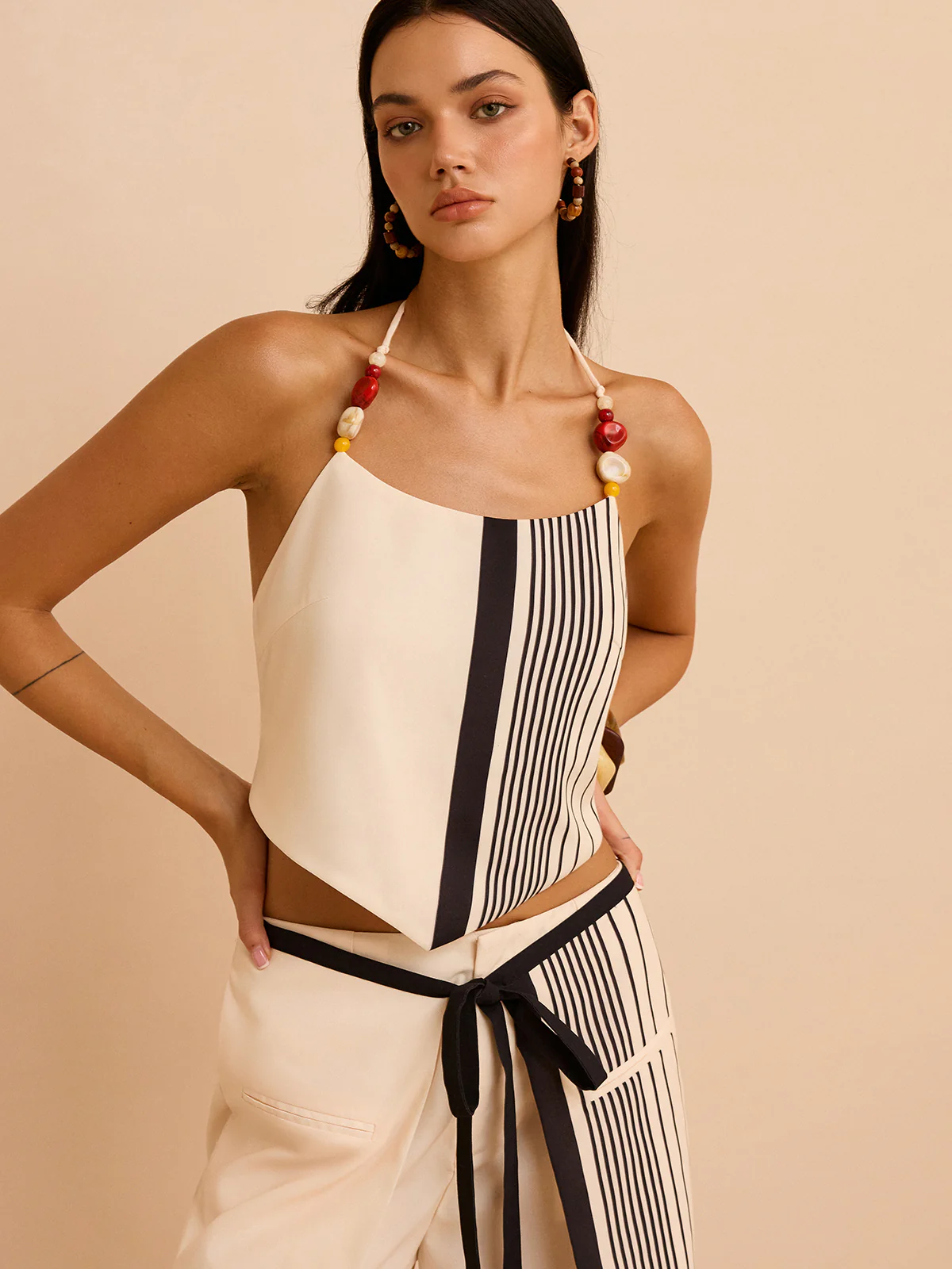 Striped Halter Top with Beaded Straps - Image 3
