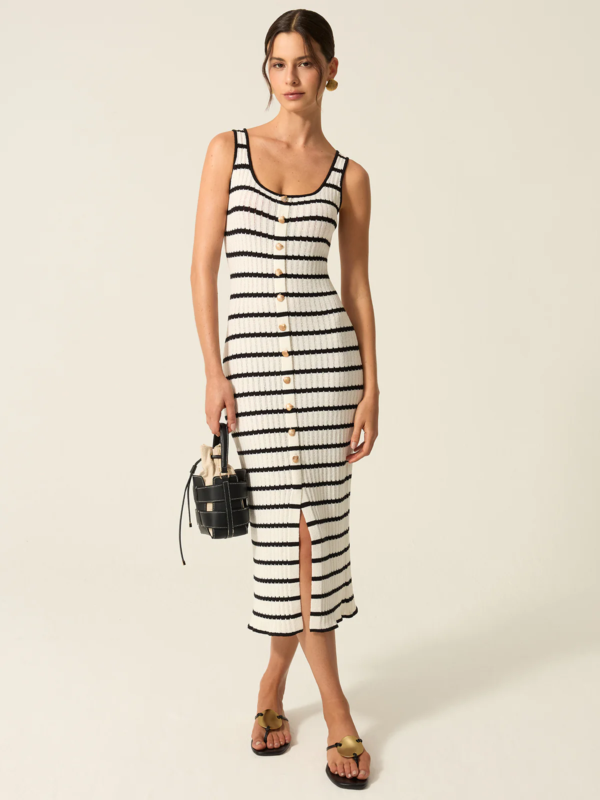 Striped Knit Midi Dress with Front Buttons and Slit Detail - Image 2