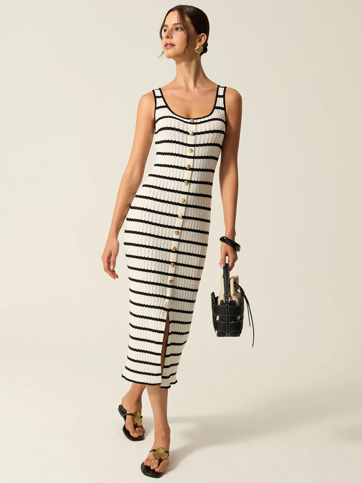 Striped Knit Midi Dress with Front Buttons and Slit Detail - Image 4