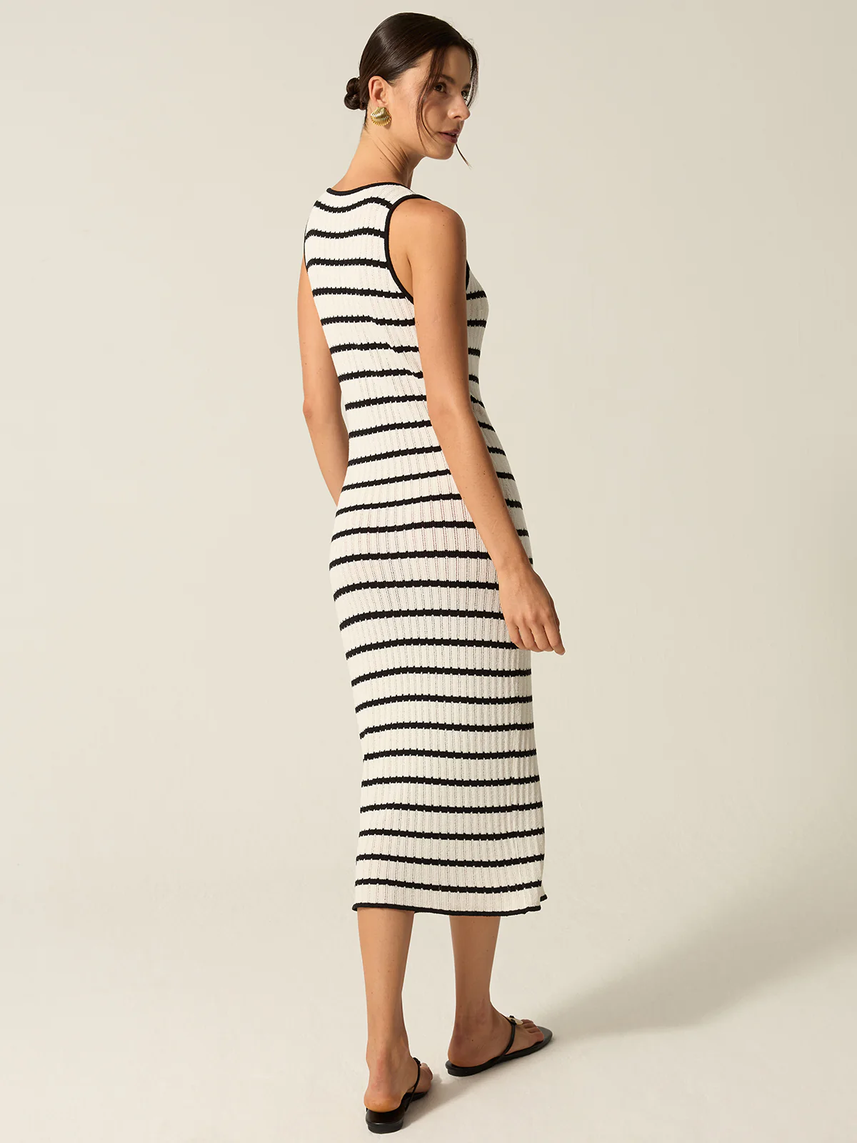 Striped Knit Midi Dress with Front Buttons and Slit Detail - Image 6